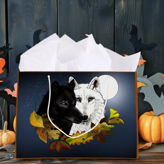 Black White Wolves Moonlight Autumn Leaves Große Geschenktüte