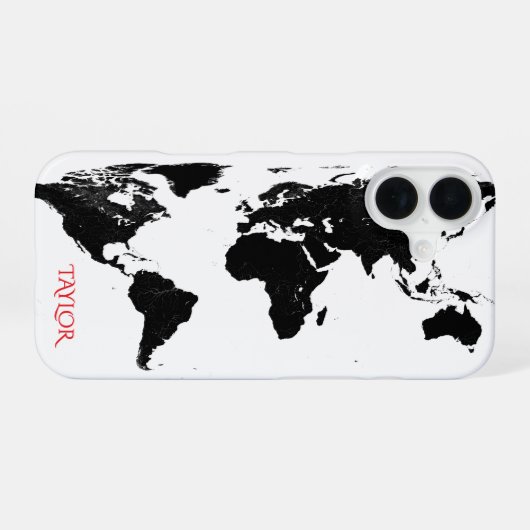 Black & White World Map – Personalized iPhone 16 Hülle (Rückseite (Horizontal))