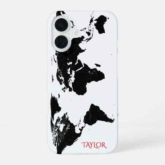Black & White World Map – Personalized iPhone 16 Hülle (Rückseite)