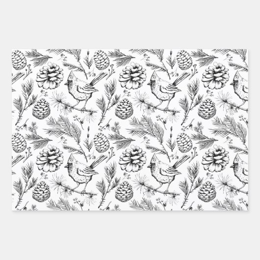 Black & White XL Kardinal Bird, Pine, Winter Berry Geschenkpapier Set (Vorderseite 3)