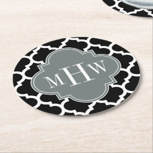 Black Whmarokkanisch #5 Charcoal 3 Initial Monogra Runder Pappuntersetzer