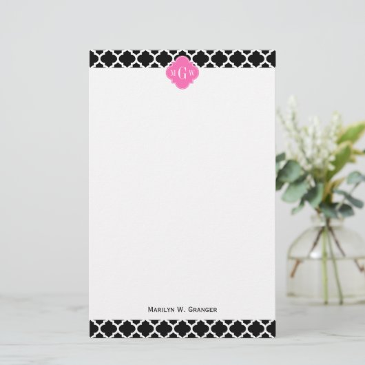 Black Whmarokkanisch #5 Hot Pink #2 Name Monogram Briefpapier (Stehend Vorderseite)