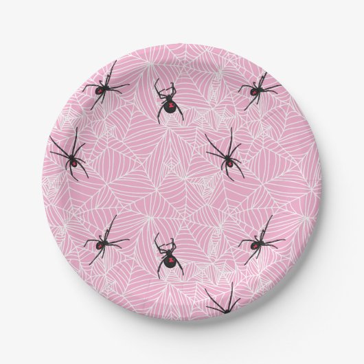 Black Widow Spider Web Pink Pappteller (Vorderseite)