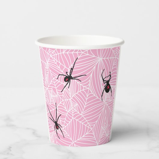 Black Widow Spider Webs Pastel Pink Pappbecher (Rückseite)