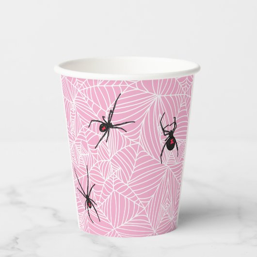 Black Widow Spider Webs Pastel Pink Pappbecher (Vorderseite)