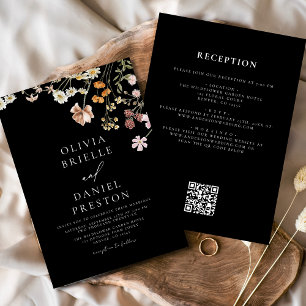 Black Wildblume All in One QR Code Wedding Einladung