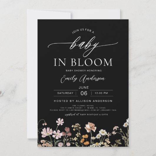 Black Wildblume Baby in Bloom Baby Dusche Einladung (Vorderseite)