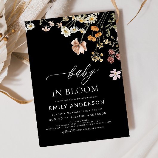 Black Wildblume Baby in Bloom Baby Dusche Einladung