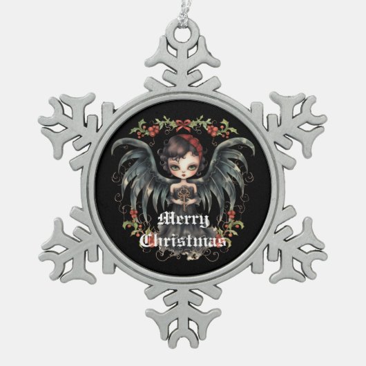 Black Wings Christmas Angel Schneeflocken Zinn-Ornament (Vorderseite)
