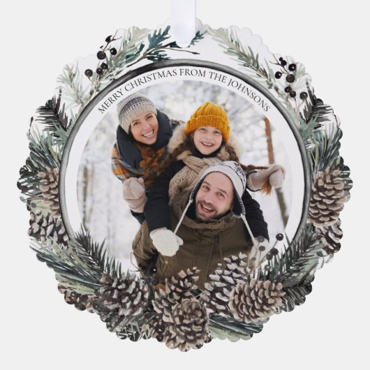 Black Winter Pine Frohe Weihnachts-Foto Kranz Ornament Karte (Vorderseite)
