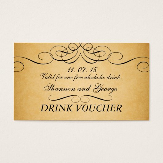 Black Wirbel Damask Vintage Wedding Drink Gutschei (Vorderseite)