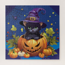 Black Witch Kitten Pumpkin Square Puzzle 676 Stück