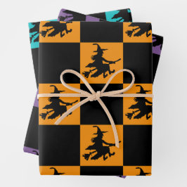 Black Witches on Orange, Purple & Teal Checkered Geschenkpapier Set