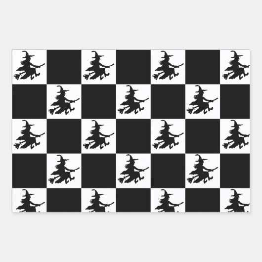Black Witches on White, Yellow & Orange Checkered Geschenkpapier Set (Vorderseite)