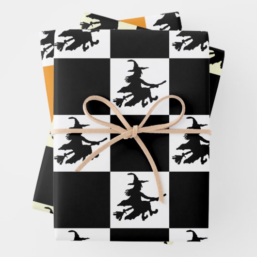 Black Witches on White, Yellow & Orange Checkered Geschenkpapier Set (Beispiel)