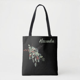 Black with Watercolor Leaves & Berries Named  Tasche