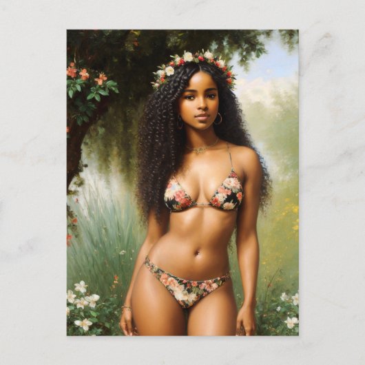 Black Woman Bikini Model Floral Beauty Postkarte (Vorderseite)