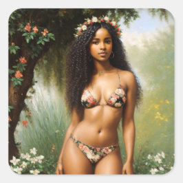 Black Woman Bikini Model Floral Beauty Quadratischer Aufkleber