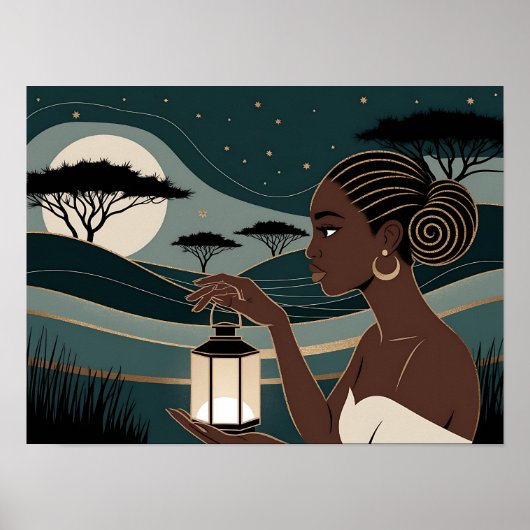 Black Woman Holding a Lantern at Night Poster (Vorne)