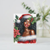 Black Woman In Santa Hat Christmas Postkarte (Stehend Vorderseite)