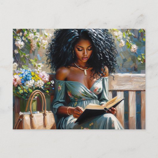 Black Woman Reading - Spring Floral Art Postkarte (Vorderseite)