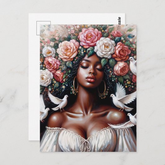 Black Woman With Doves Floral Art Postkarte (Vorne/Hinten)
