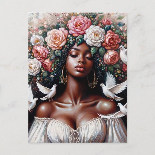 Black Woman With Doves Floral Art Postkarte (Vorderseite)
