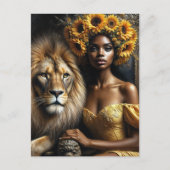 Black Woman With Lion Sunflower Leo Postkarte (Vorderseite)