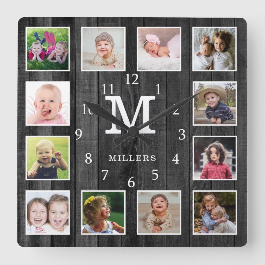 Black Wood 12 Photo Collage Family Name Monogram Quadratische Wanduhr (Vorderseite)