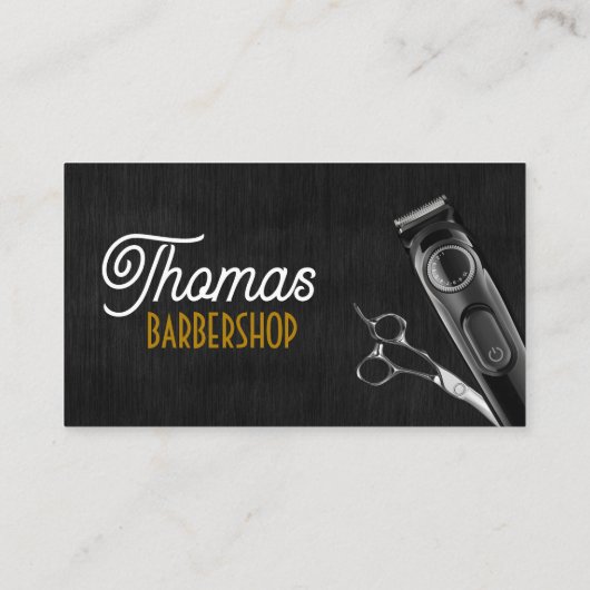 Black Wood Barber Shop Foto Schere Haarbürmer Clip Visitenkarte (Rückseite)