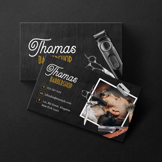 Black Wood Barber Shop Foto Schere Haarbürmer Clip Visitenkarte
