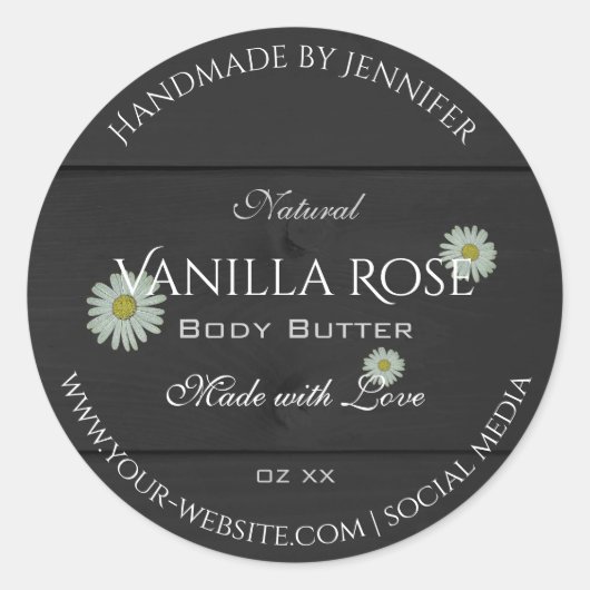Black Wood Grain Product Packaging Labels Daisies Runder Aufkleber (Vorderseite)
