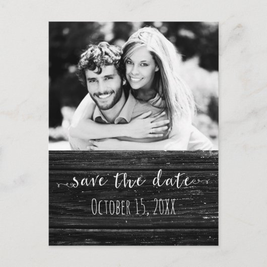 Black Wood SAVE THE DATE Glam Rustic Wedding Foto Ankündigungspostkarte (Vorderseite)