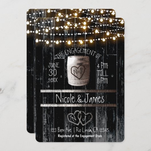 Black Wood String Lights Barrel Rustikale Verlobun Einladung (Vorne/Hinten)