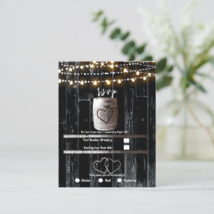 Black Wood String Lights Barrel Wedding RSVP Einladung