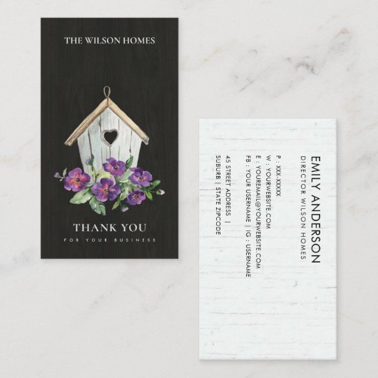 BLACK WOODEN FLORAL BIRD HOTEL DANK IHNEN REALTOR VISITENKARTE (Vorne/Hinten)