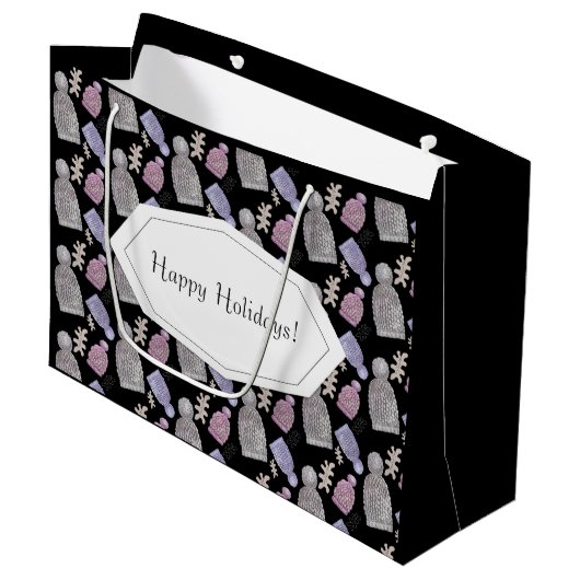 Black Wool Strick Hats Wasserfarbe Handgemalt Große Geschenktüte (Vorderseite Schrägansicht)