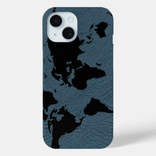 Black World Map Blue iPhone 15 Hülle