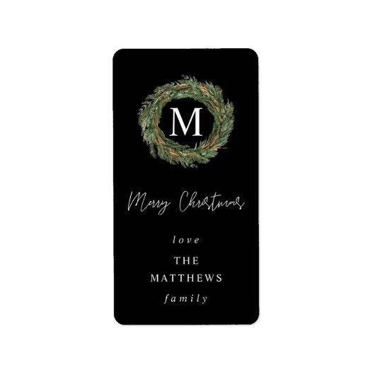 Black & Wreath Monogram Frohe Weihnachtsmarke Adressaufkleber (Vorne)