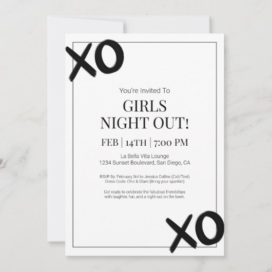 Black XOXO Girls Night Out Party Galentine Einladung (Vorderseite)