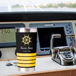 Black Yacht Bootsname Gold Lenkradstreifen Thermobecher