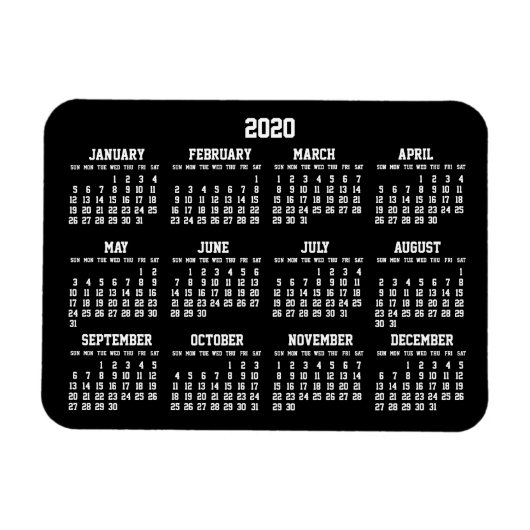 Black Yearly Calendar 2020 Kleine flexible Magnete (Horizontal)