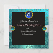 BLACK YELLOW BLUE BICYCLE WEDD DAMASK MONOGRAM EINLADUNG (Rückseite)