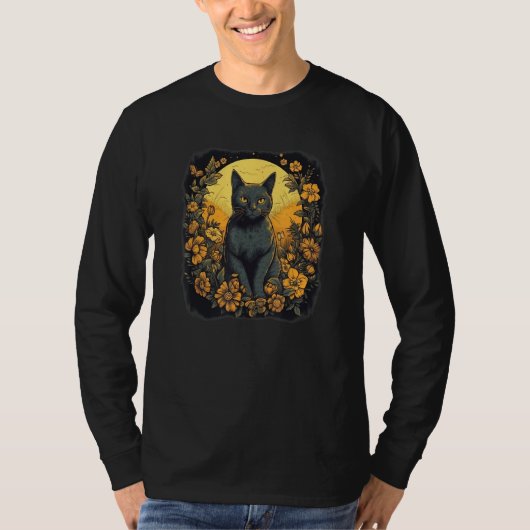 black yellow cat portrait with wild flowers and mo T-Shirt (Vorderseite)