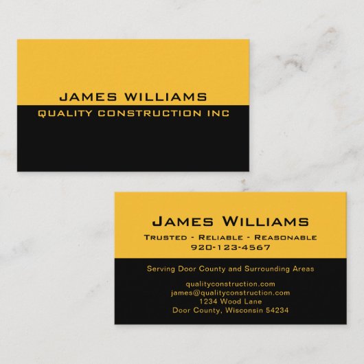 Black Yellow Construction Business Card Visitenkarte (Vorne/Hinten)