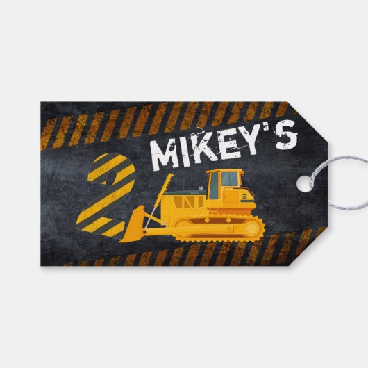 Black & Yellow Construction Vehicle| 2. Geburtstag Geschenkanhänger (Vorderseite (Horizontal))