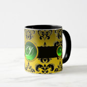 BLACK YELLOW DAMASK EMERALD GREEN GEM MONOGRAMM TASSE (VorderseiteRechts)