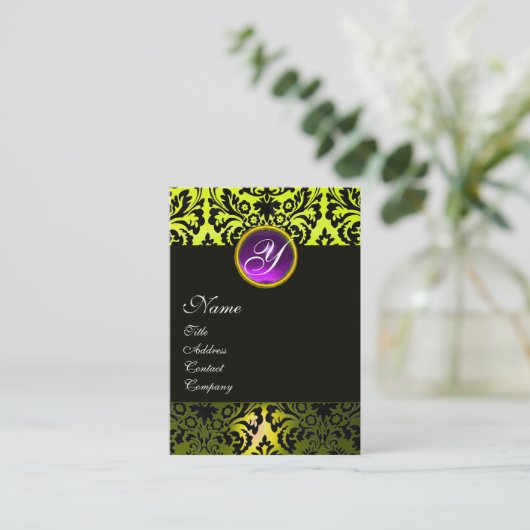 BLACK YELLOW DAMASK LILA AMETHYST GEM MONOGRAMM VISITENKARTE (Stehend Vorderseite)