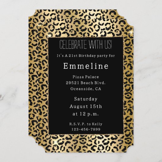 Black Yellow Glitzer Leopard Einladung (Vorne/Hinten)