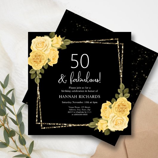 Black Yellow & Gold Floral 50. Geburtstag Einladung
